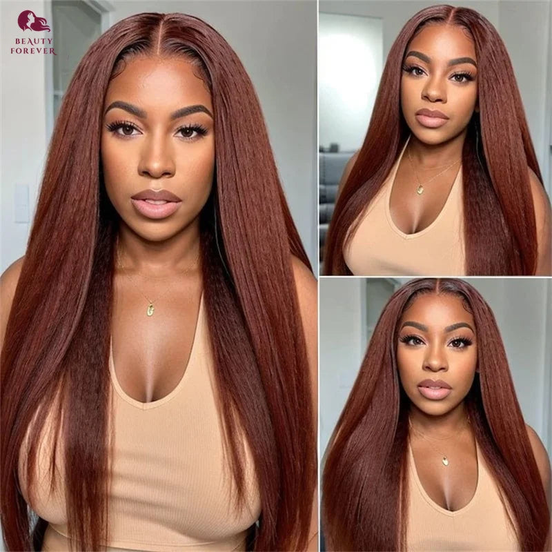 Beauty Forever 7x5 Bye Bye Knots Glueless Wig Reddish Brown Yaki Straight Human Hair Wig Preplucked Pre cut Lace C Shape Wig Cap