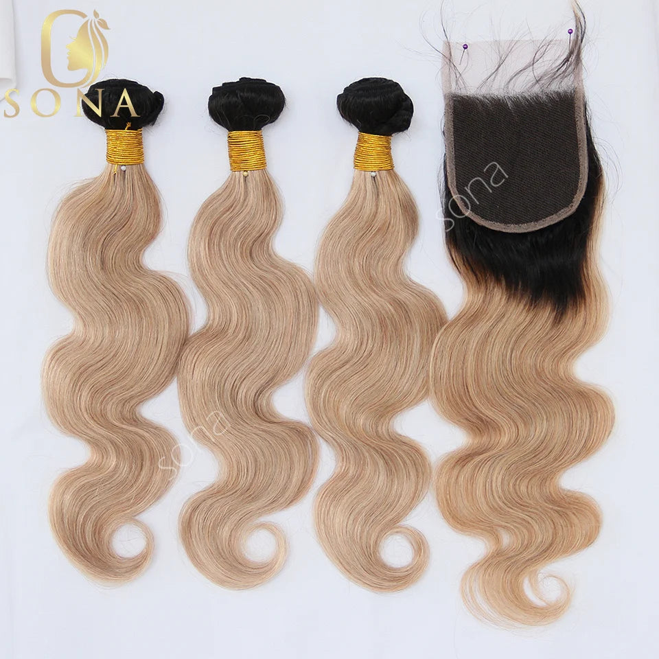 Honey Blonde Ombre 1B 27 Human Hair Bundles with Closure HD Lace Ash Blonde 3 Bundle with Dark Roots