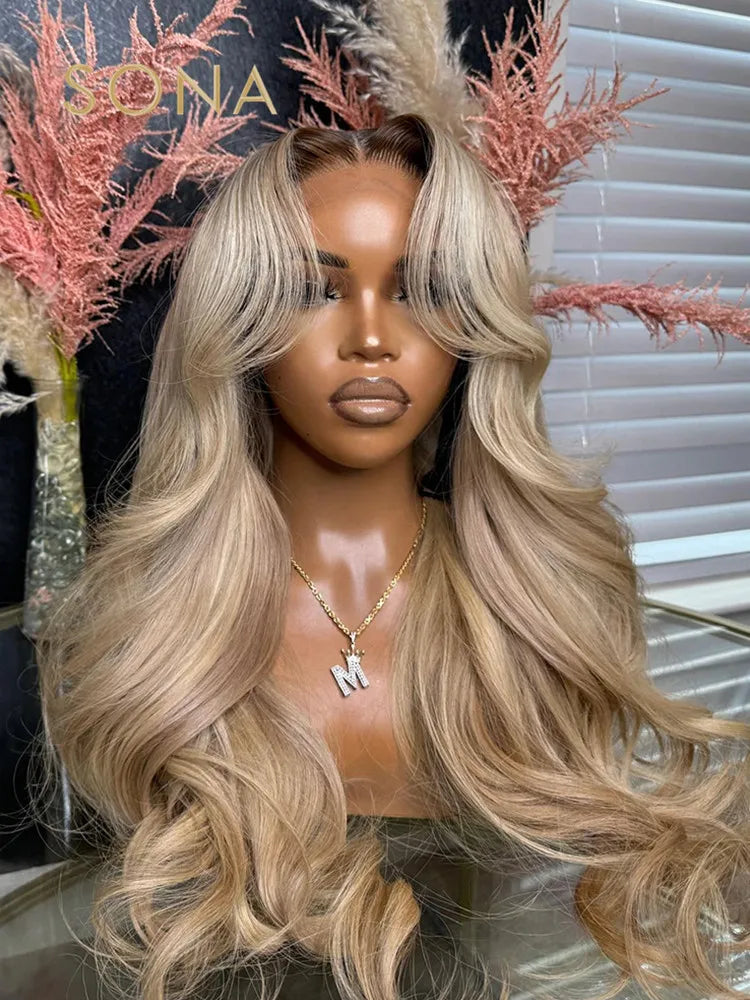 Ombre Ash Honey Blonde13x6 HD Transparent Lace Frontal Wig Human Hair 13X4 Lace Front Human Hair Wig With Brown Root