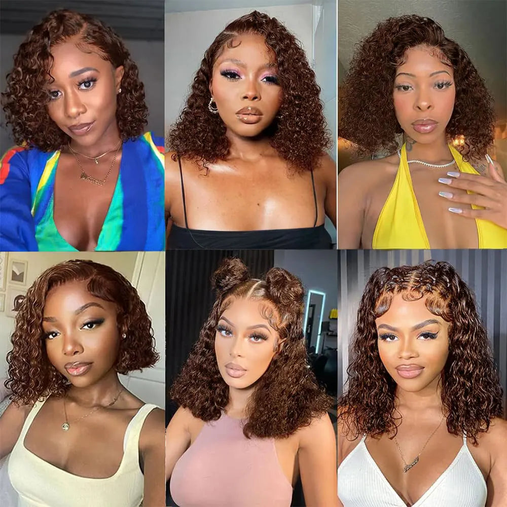 Chocolate Brown Short Bob Deep Wave 13x4 HD Lace Front Wigs Human Hair Brazilian Colored Curly 7x5 Glueless Wig Ready to Go 250%