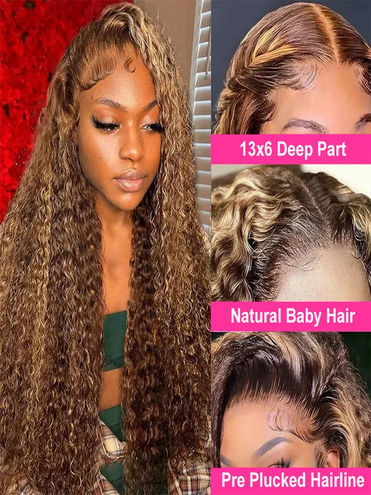 250 Density Deep Wave Wig Human Hair Glueless Wig Human Hair Ready To Wear Highlight Wig Human Hair Curly Lace Front Human Hair