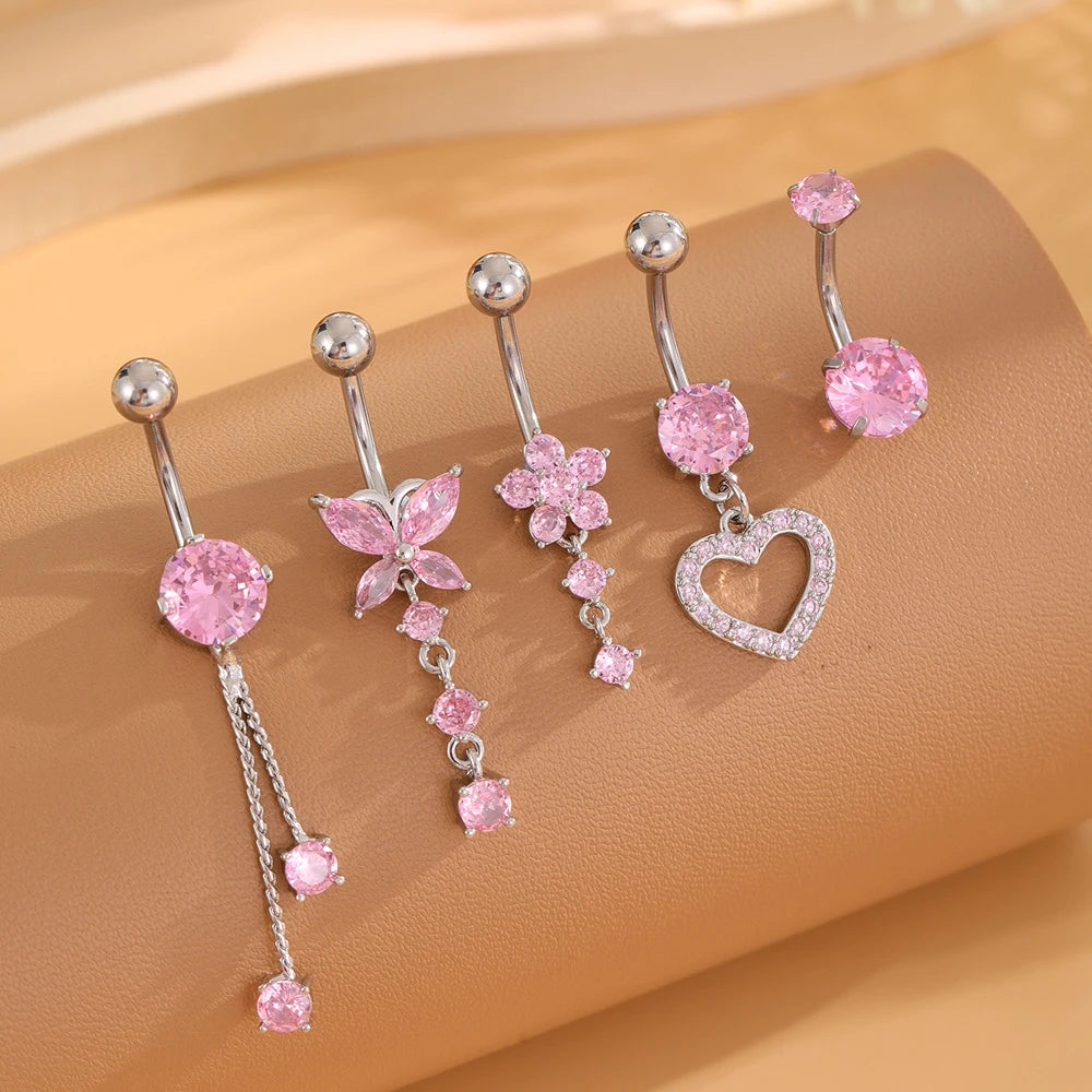 Pink Crystal CZs Big Heart-Knot Series Belly Button Ring Sets Jewelry for Women 14G Stainless Curved Butterfly Navel Piercings