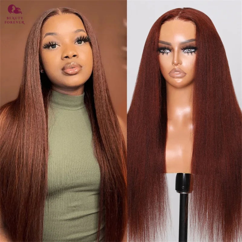 Beauty Forever 7x5 Bye Bye Knots Glueless Wig Reddish Brown Yaki Straight Human Hair Wig Preplucked Pre cut Lace C Shape Wig Cap