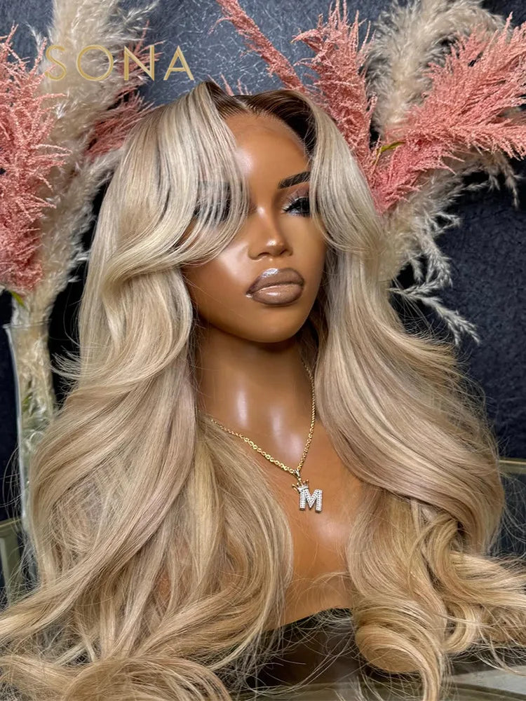 Ombre Ash Honey Blonde13x6 HD Transparent Lace Frontal Wig Human Hair 13X4 Lace Front Human Hair Wig With Brown Root