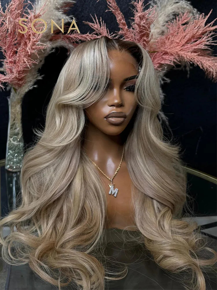 Ombre Ash Honey Blonde13x6 HD Transparent Lace Frontal Wig Human Hair 13X4 Lace Front Human Hair Wig With Brown Root