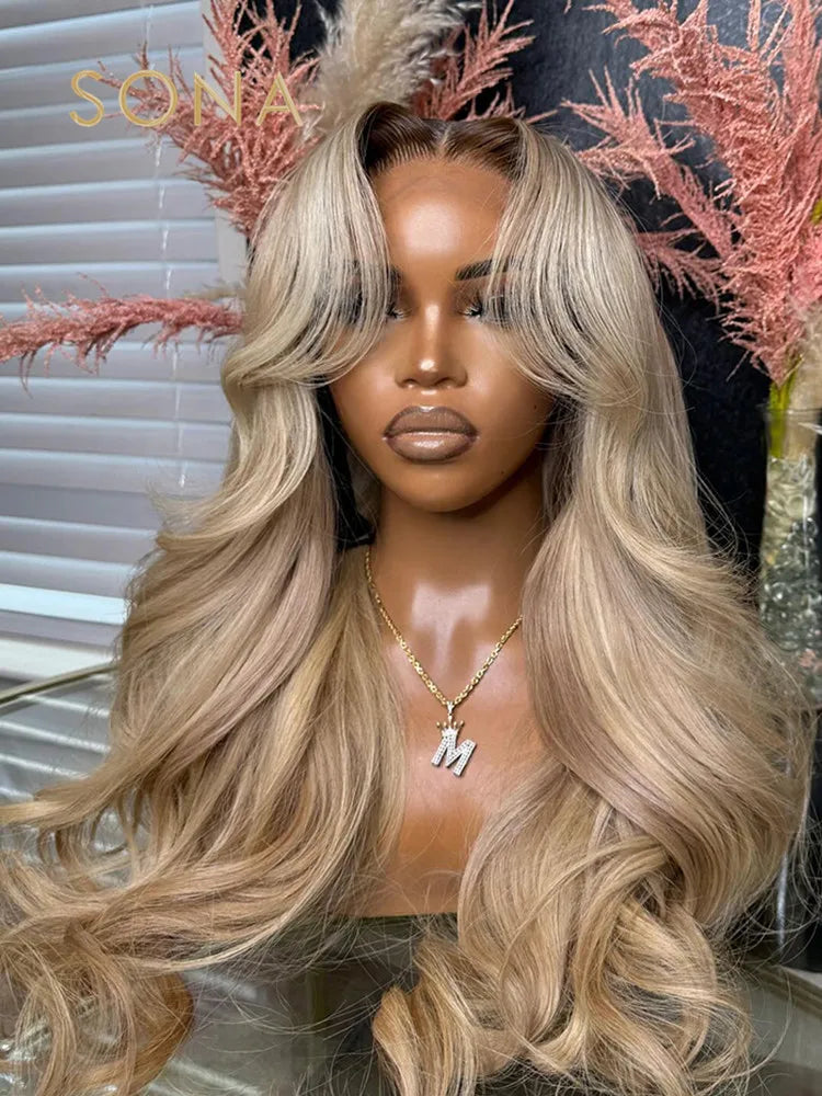 Ombre Ash Honey Blonde13x6 HD Transparent Lace Frontal Wig Human Hair 13X4 Lace Front Human Hair Wig With Brown Root