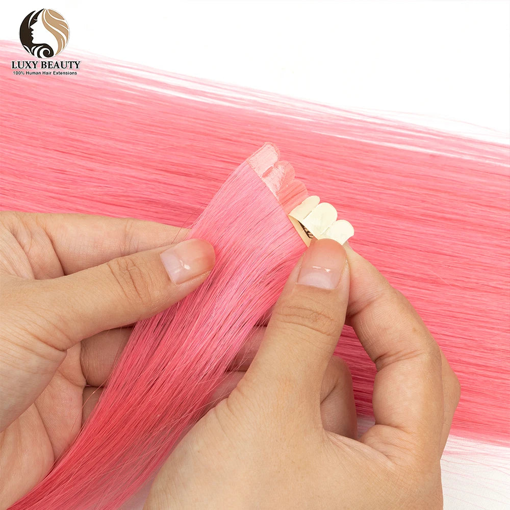 Colored Mini Tape In Human Hair Extensions Invisible Skin Weft Adhesive Pink Purple Blue Red Tape In Hair Extensions 10pcs/pack