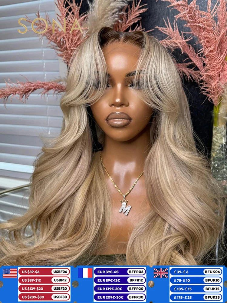 Ombre Ash Honey Blonde13x6 HD Transparent Lace Frontal Wig Human Hair 13X4 Lace Front Human Hair Wig With Brown Root