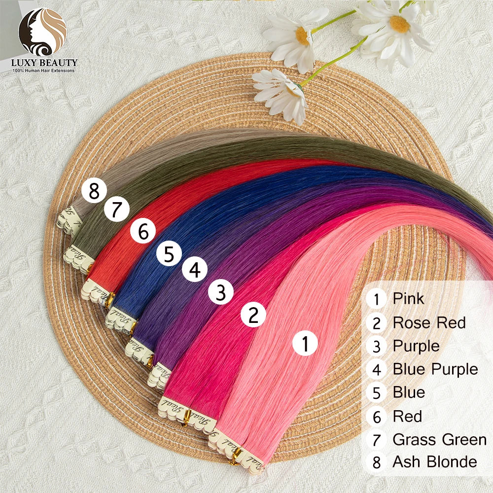 Colored Mini Tape In Human Hair Extensions Invisible Skin Weft Adhesive Pink Purple Blue Red Tape In Hair Extensions 10pcs/pack