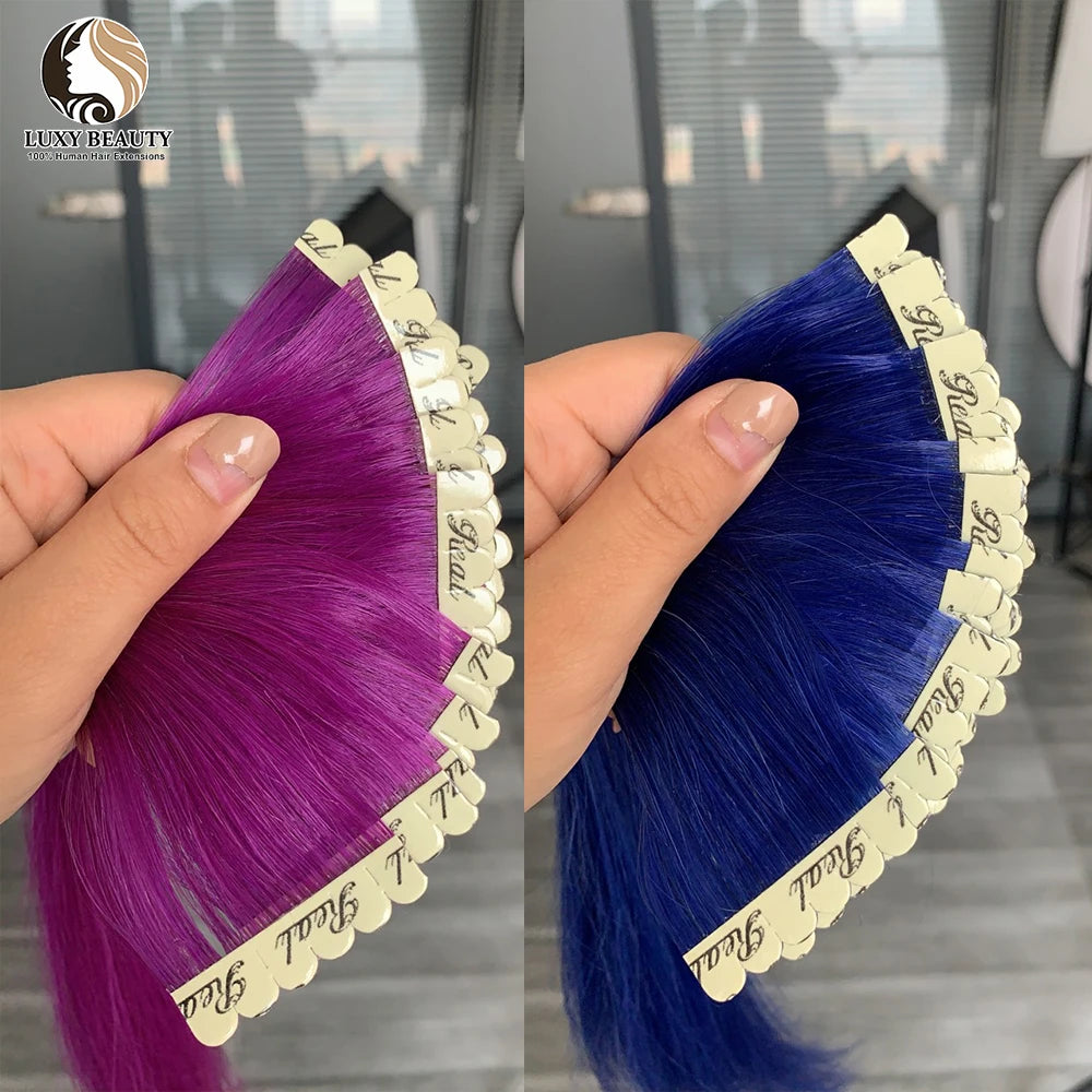 Colored Mini Tape In Human Hair Extensions Invisible Skin Weft Adhesive Pink Purple Blue Red Tape In Hair Extensions 10pcs/pack