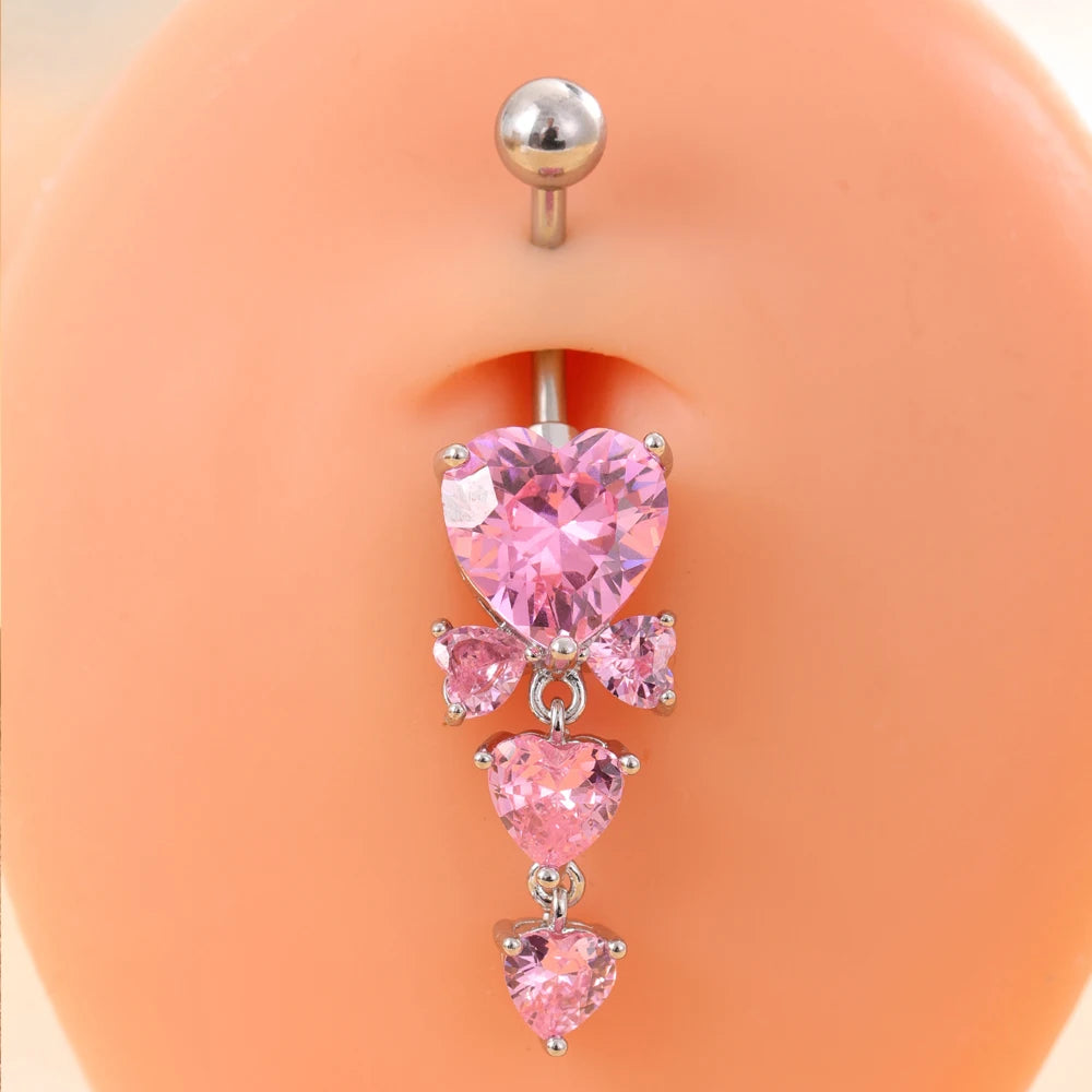 Pink Crystal CZs Big Heart-Knot Series Belly Button Ring Sets Jewelry for Women 14G Stainless Curved Butterfly Navel Piercings