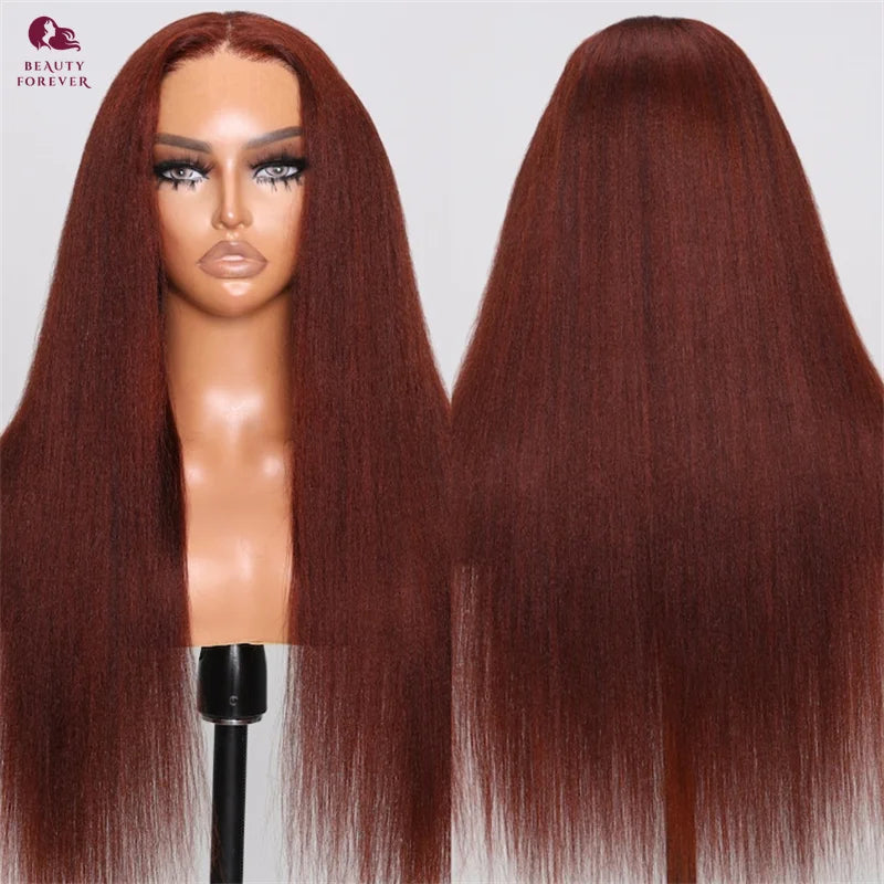 Beauty Forever 7x5 Bye Bye Knots Glueless Wig Reddish Brown Yaki Straight Human Hair Wig Preplucked Pre cut Lace C Shape Wig Cap