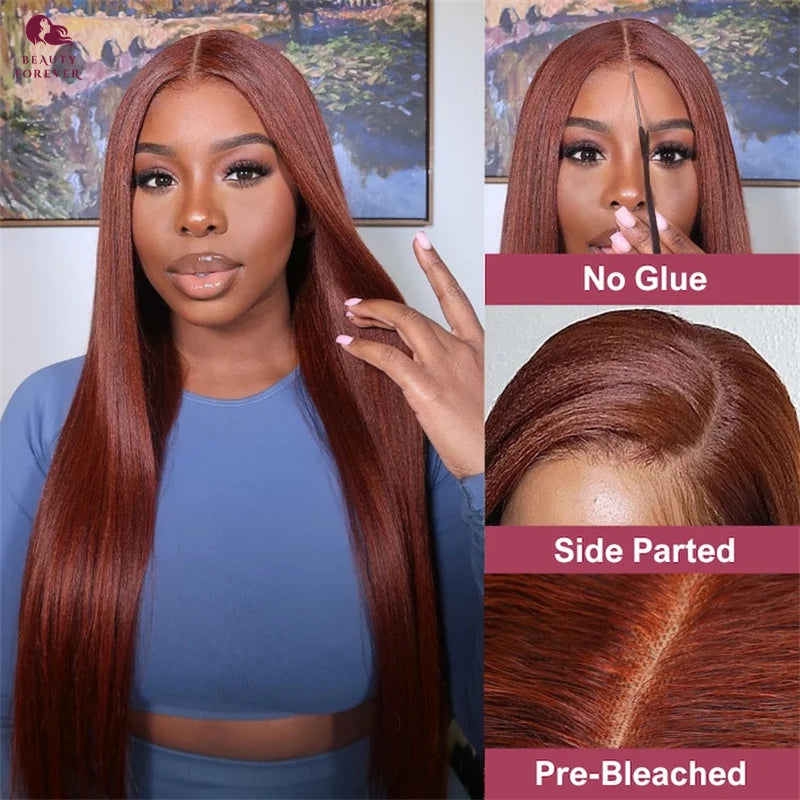 Beauty Forever 7x5 Bye Bye Knots Glueless Wig Reddish Brown Yaki Straight Human Hair Wig Preplucked Pre cut Lace C Shape Wig Cap