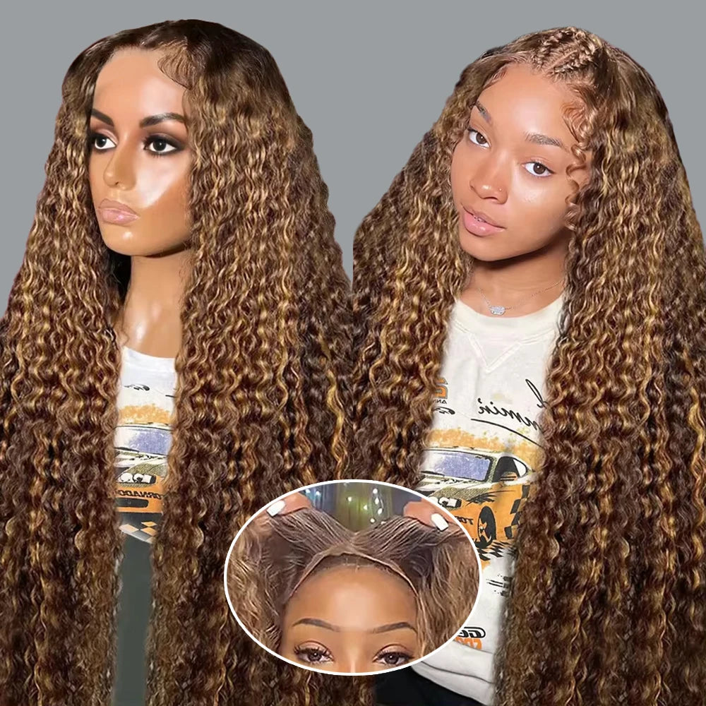 30 38 Inches 4/27 Highlight Deep Wave 13x4 Human Hair Lace Frontal Wigs 250 Density Colored Ombre 7x5 HD Glueless Wig For Women